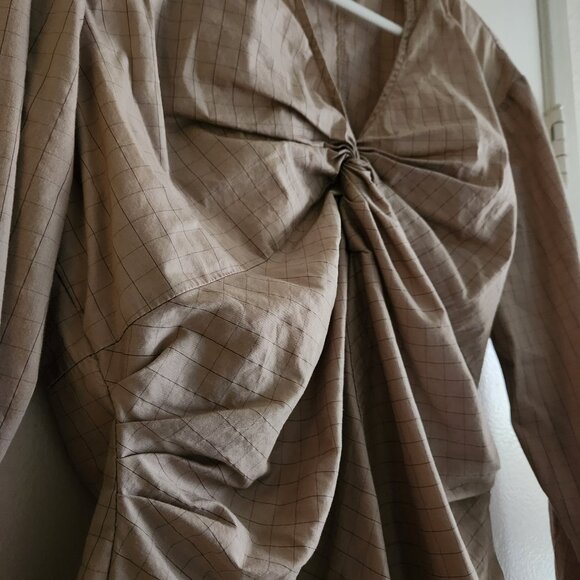 ZARA Blouse Pleated Long Sleeve Plaid Grid Taupe Mauve - Picture 3 of 5